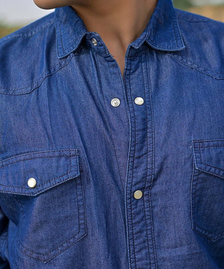 Oversized Dark Blue Denim Shirt Unisex | El Denim Vol. 1: Highway | Weave Wardrobe
