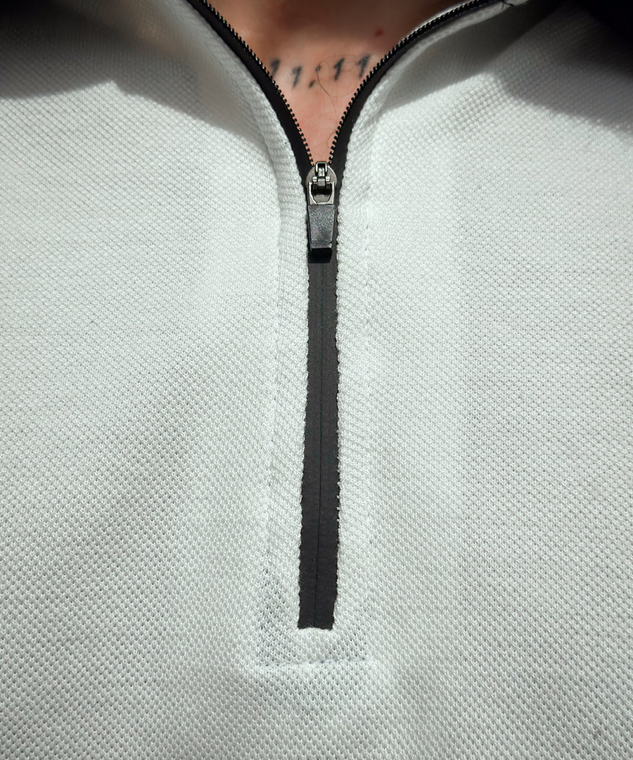 "Timeless Fusion' Men's White Zipper Polo with Grey Striped Twill Tape “