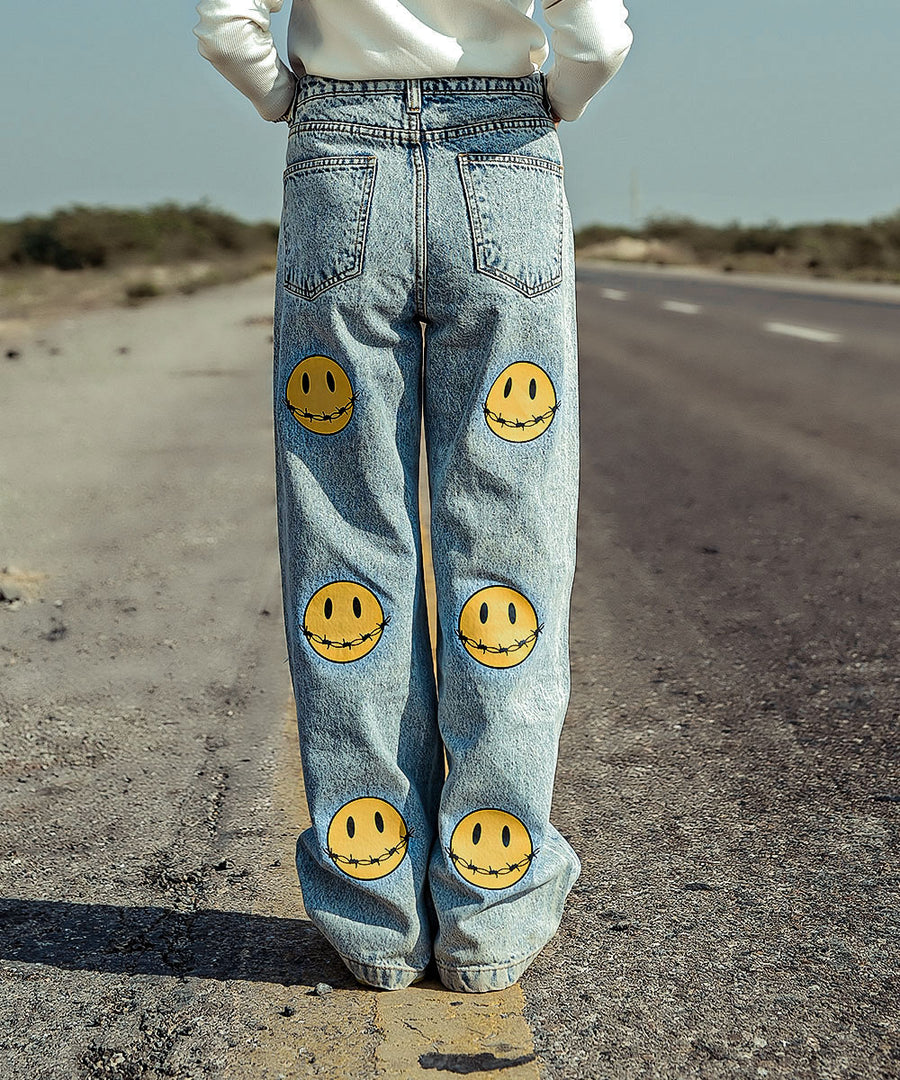 Unisex 'Limited Edition' Light Blue Denim Vest & Smiley Patched Random Wash Denim Jeans