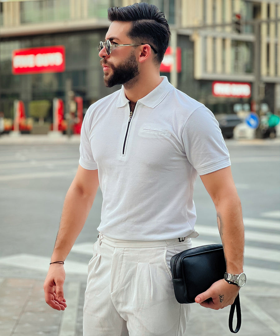 "Pure Elegance' Men's White Polo: Elevate Your Style with a Bone Pocket"