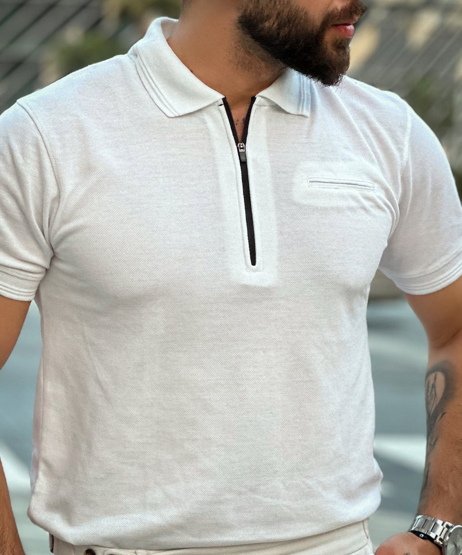 "Pure Elegance' Men's White Polo: Elevate Your Style with a Bone Pocket"