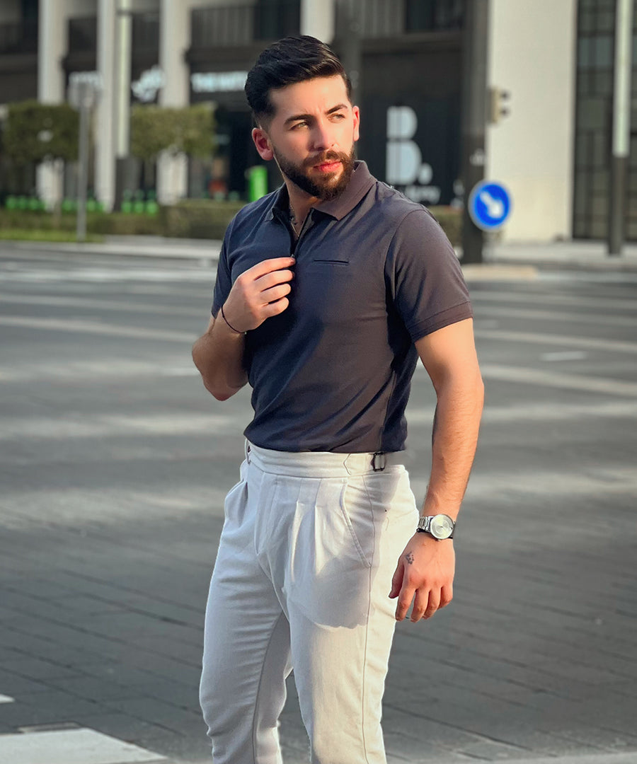 Sleek Silver Men Grey Polo Effortless Style with Bone Pocket