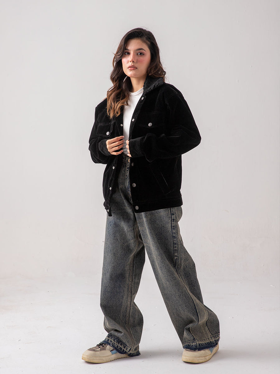 UNISEX – Black Premium Velvet Sherpa Jacket