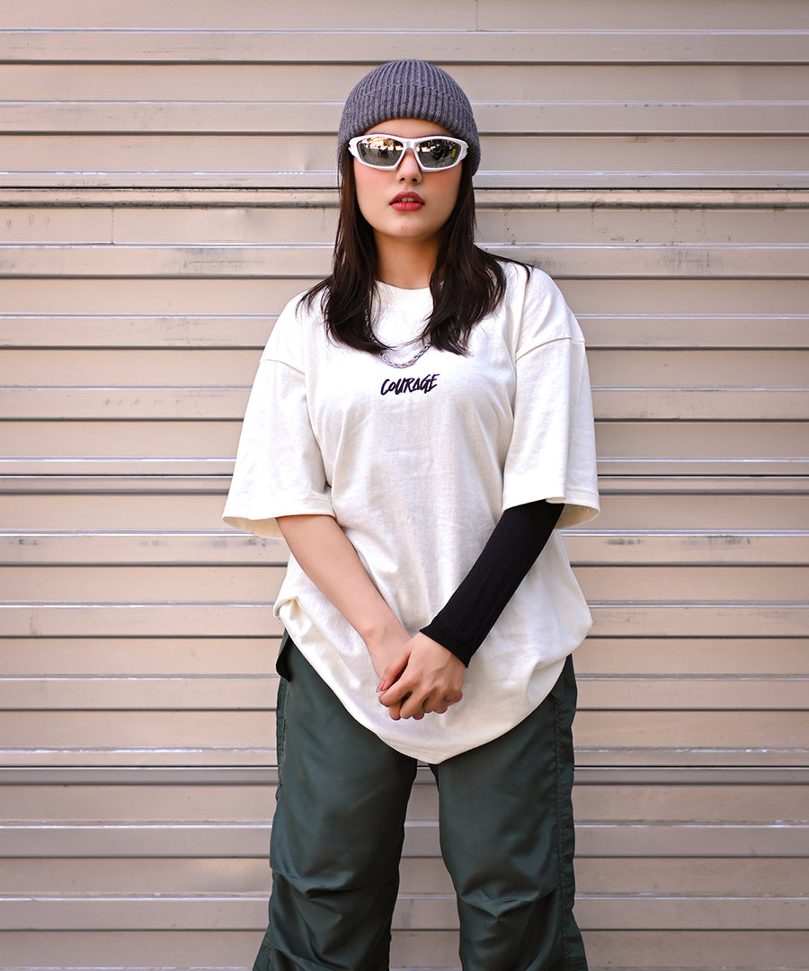 Courage & Caution Oversized Graphic T-Shirt & Enchanted Forest Bottle Green Cargo Parachute Pants