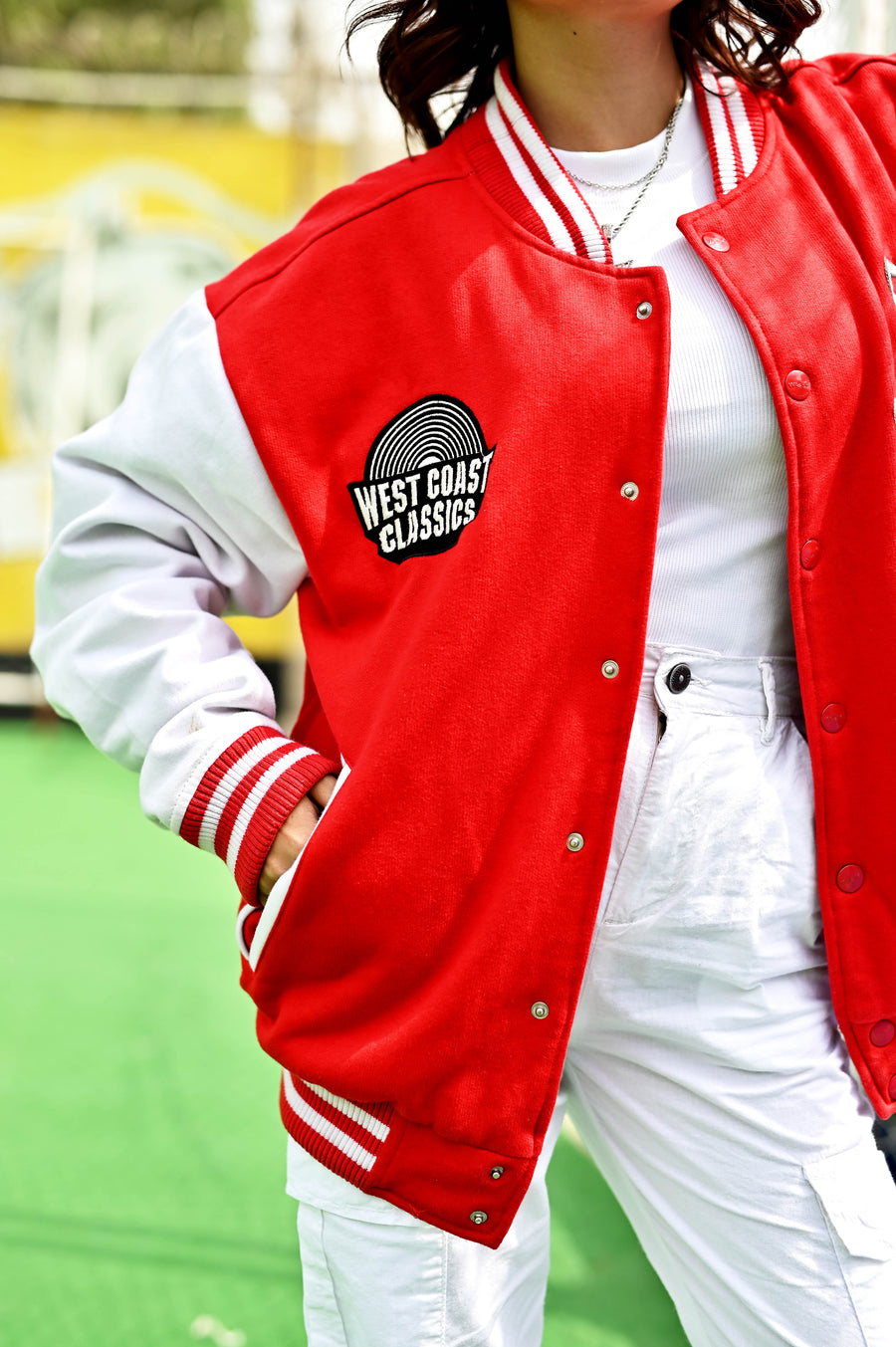 West Coast Classics  Red & White Varsity Jacket & White Sands | Cargo Pants