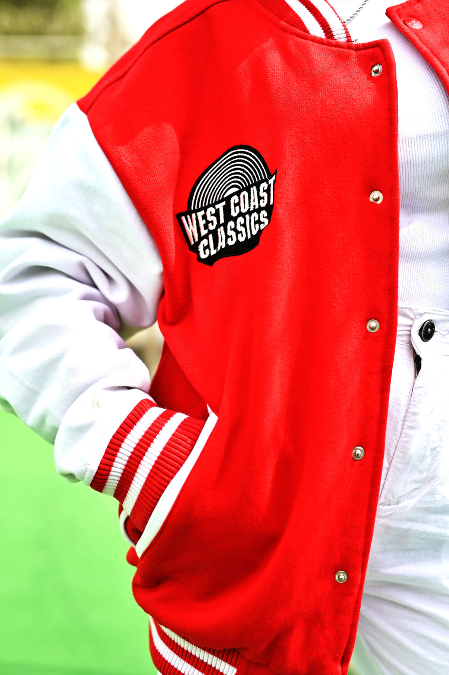 West Coast Classics  Red & White Varsity Jacket & White Sands | Cargo Pants