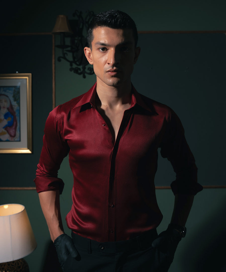 Red Satin Shirt Wine Red Button Up Shirt Wine Royal Satin Shirt
