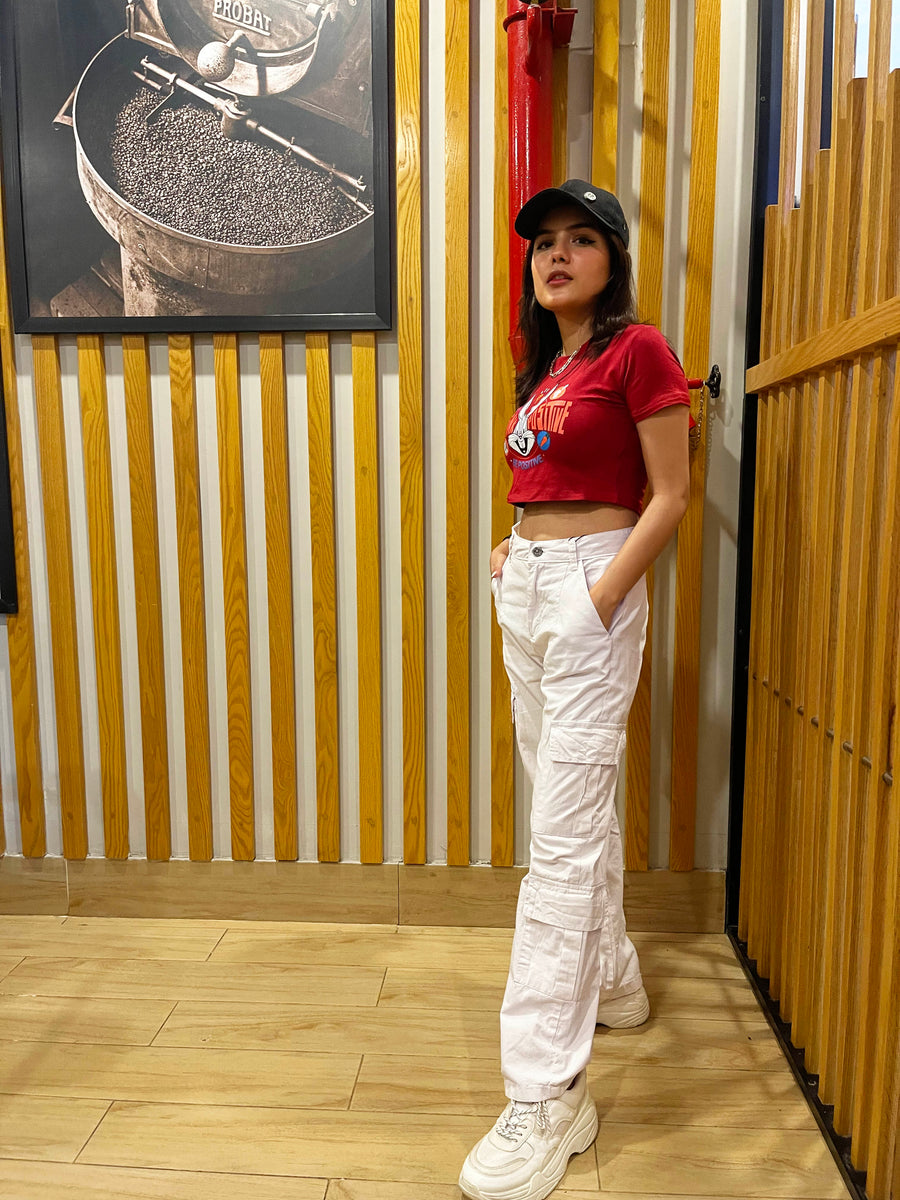 Racy Red Crop Top & White Sands Cargo Pants