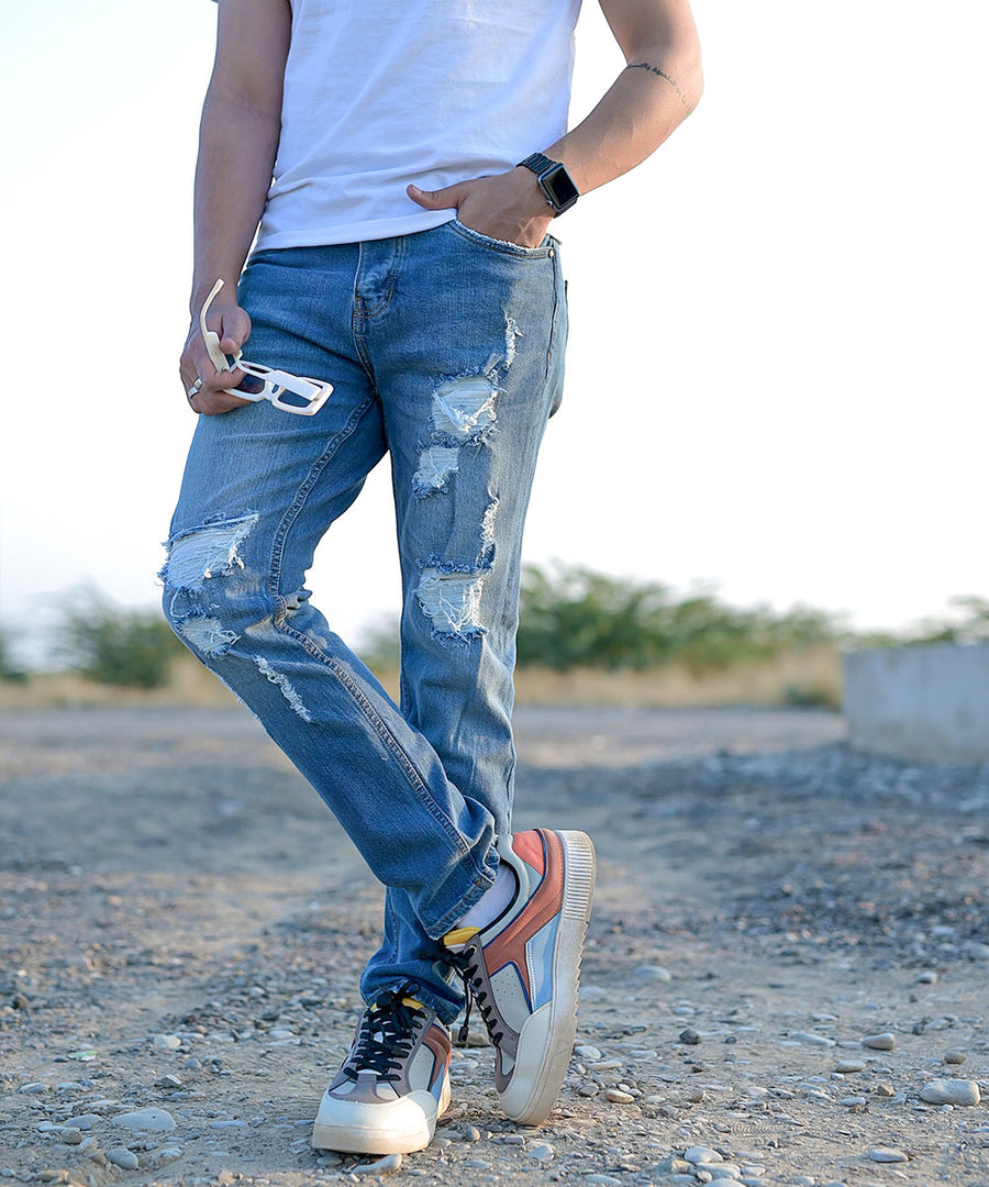Light Blue Tapered Distressed Denim Jeans Men | El Denim Vol. 1: Highway | Weave Wardrobe