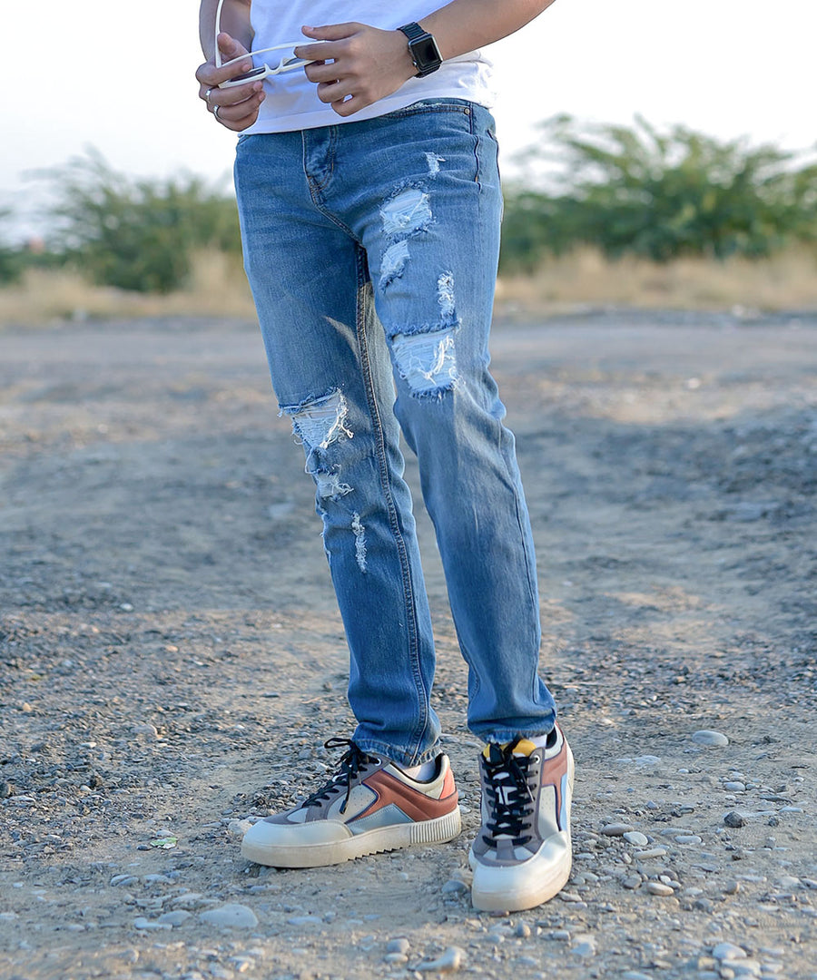 Light Blue Tapered Distressed Denim Jeans Men El Denim 1: Highway Weave Wardrobe