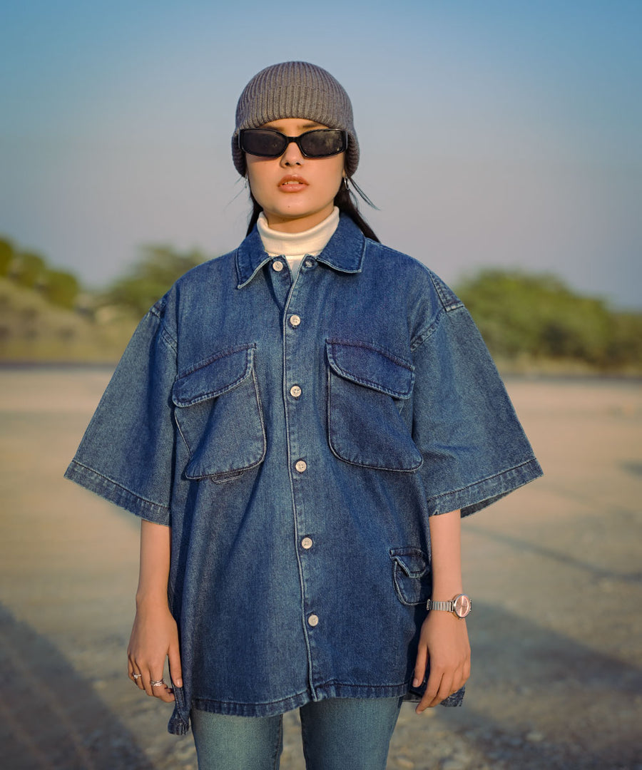 Oversized Dark Blue Denim Boxy Shirt Women | El Denim Vol. 1: Highway | Weave Wardrobe