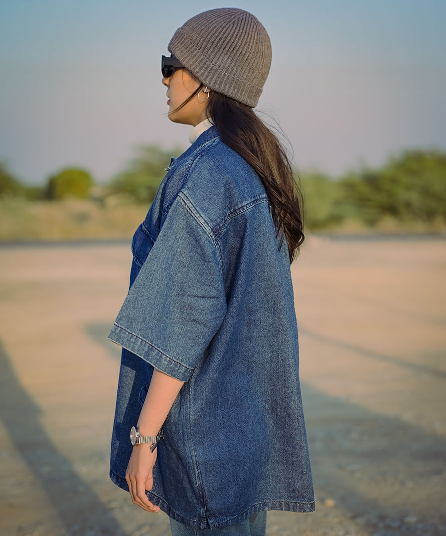 Oversized Dark Blue Denim Boxy Shirt Women | El Denim Vol. 1: Highway | Weave Wardrobe
