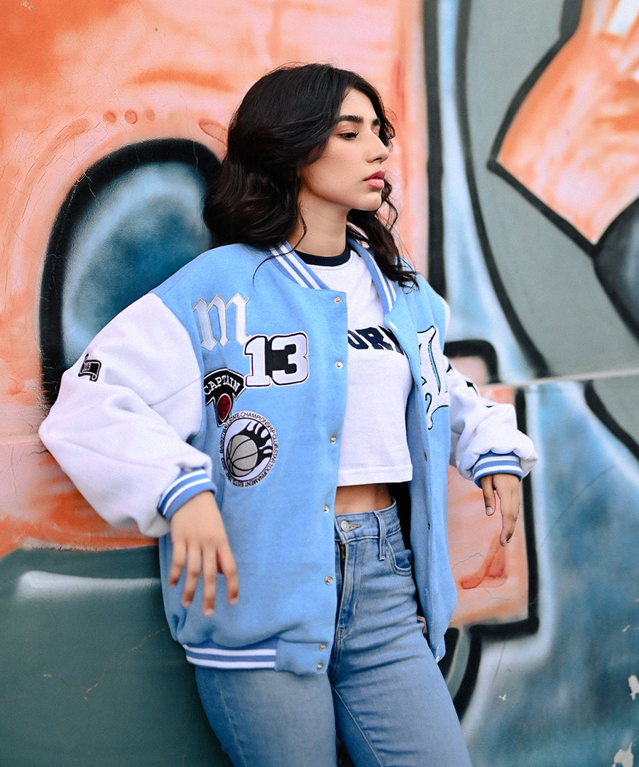 LA Sky Blue Letterman Jacket | Varsity Jackets | Weave Wardrobe | Women's