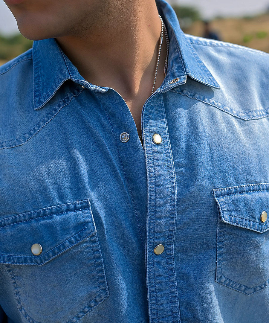 Light Blue White-Washed Men Denim Shirt | El Denim Vol. 1: Highway | Weave Wardrobe
