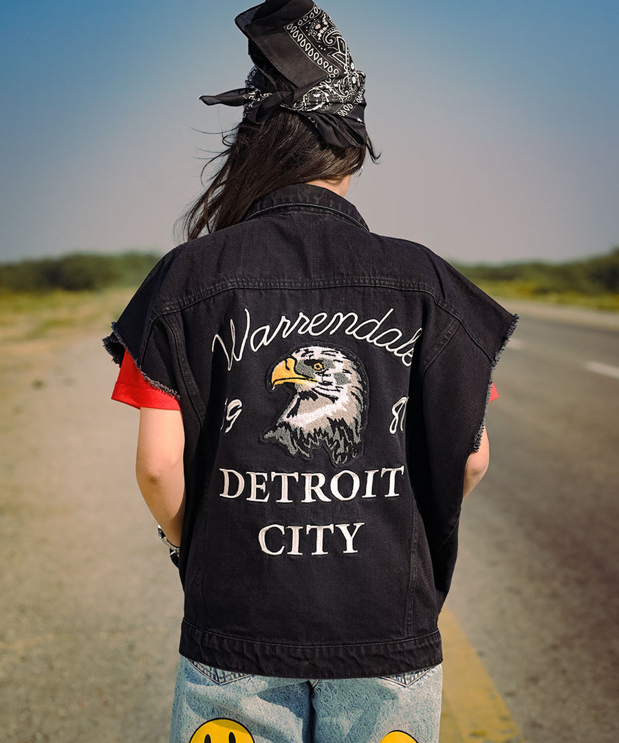 Detroit City Eagle Black Denim Vest Women | El Denim Vol. 1: Highway | Weave Wardrobe