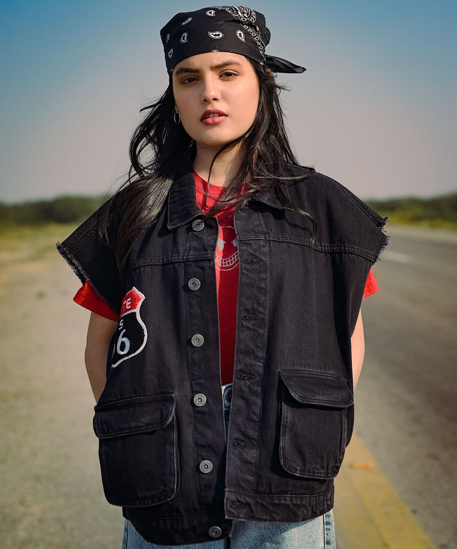 Detroit City Eagle Black Denim Vest Women | El Denim Vol. 1: Highway | Weave Wardrobe