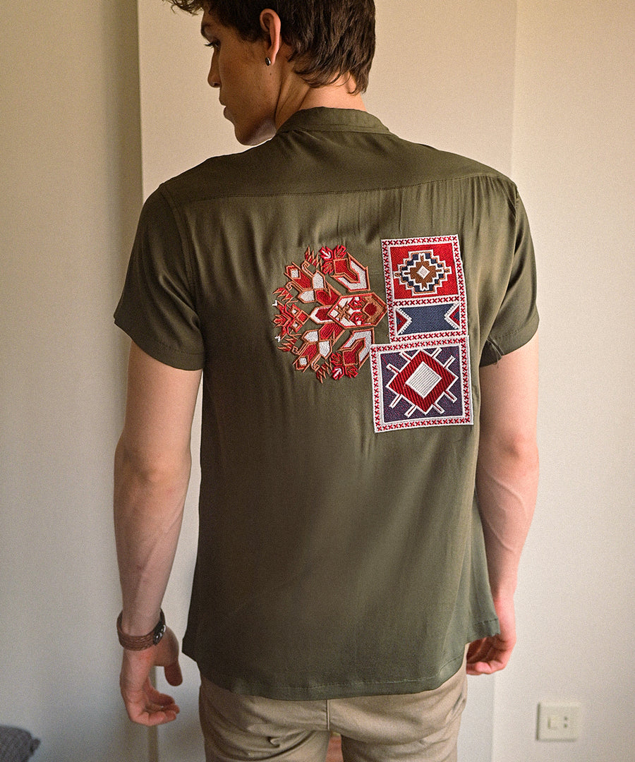Military Green Aztec Embro Shirt: Aztecian