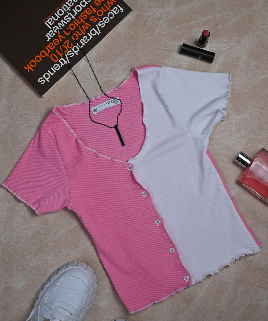 Pink & White Button Down Henley Crop Top | Crop Tops | Weave Wardrobe
