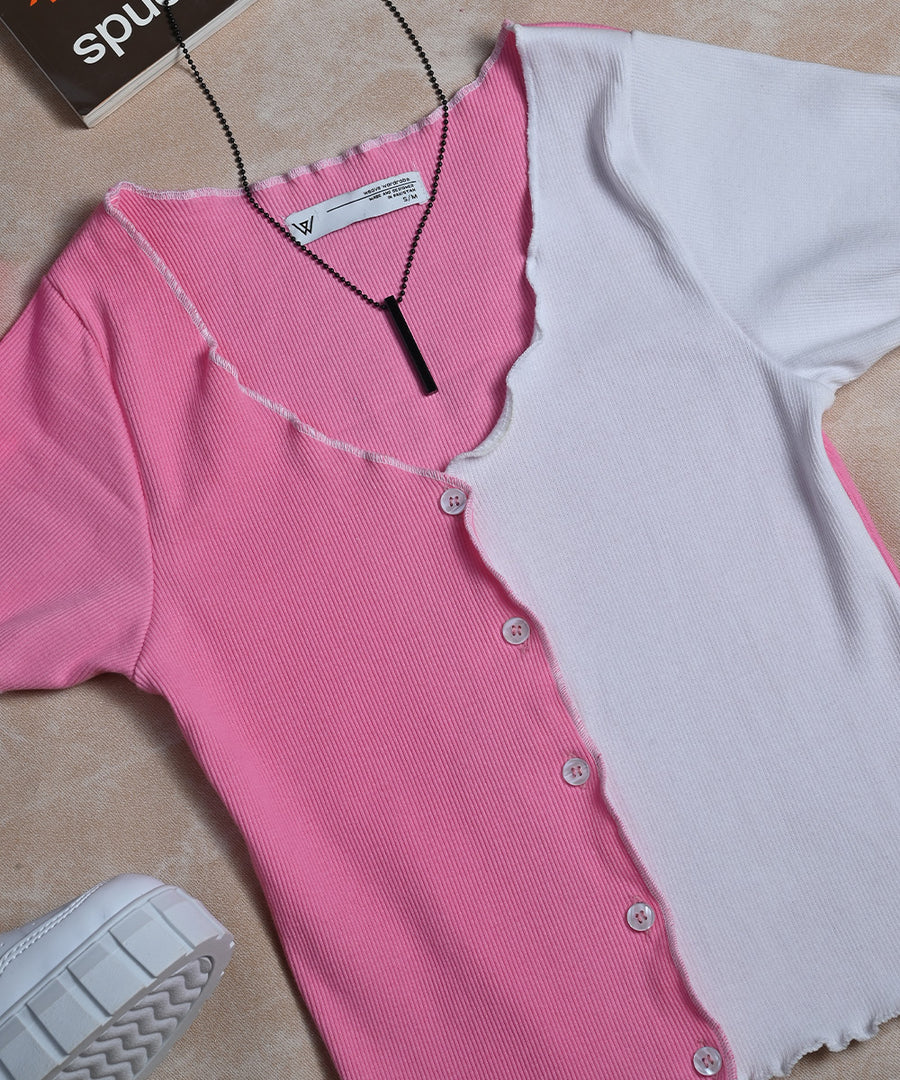 Pink & White Button Down Henley Crop Top | Crop Tops | Weave Wardrobe