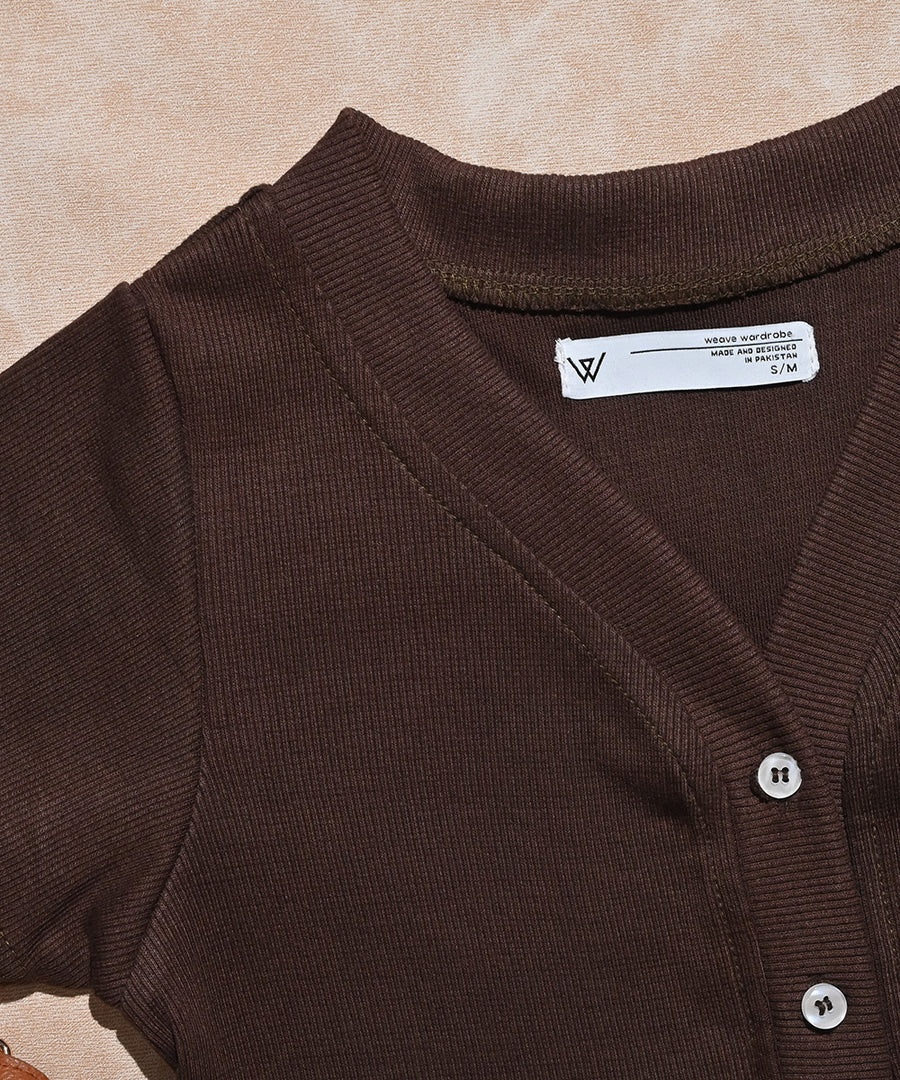 Choco Brown Button Down Ribbed Crop Top | Crop Top | Weave Wardrobe